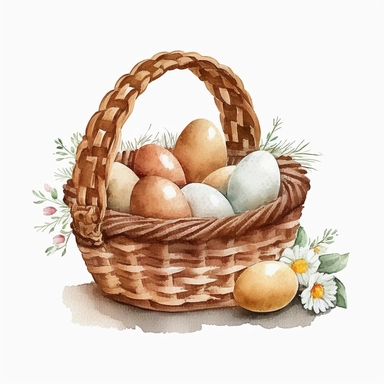 Watercolor brown eggs in basket Clipart, white background, without flowers