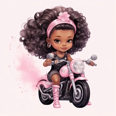 Cute little girl black skin sitting on her motorcycle pink watercolor Clipart