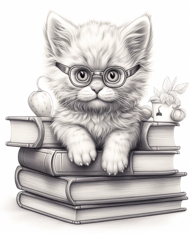 cartoon kitten with glasses sitting on books clipart illustration coloring pages, in the style of highly detailed realism, alson skinner clark, cluj school, david yarrow, jeremiah ketner, science-based, precisionist lines