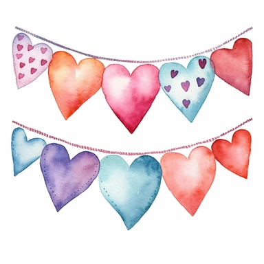 watercolor bunting with hearts, clipart on white background