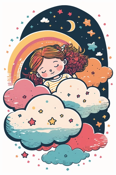 illustration, a little girl dreaming on a cloud in a colorful sky, playful, dreamy, creative, morning, hand-drawn, cute, clipart, sticker art, simple, line art, illustration, icon style