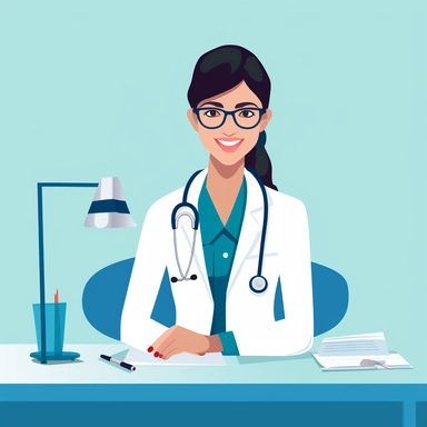 vector design, image of smiling woman doctor, doctor-without-glasses, no glasses, sitting at the table, stethoscope around the neck, medical instruments, writes, flat modern illustration, clipart, white background, soft gradient transition, in the style of warm color palette, natural pastel colors, in dark blue and turquoise colors, object portraiture specialist, uniformly staged images, animated illustrations