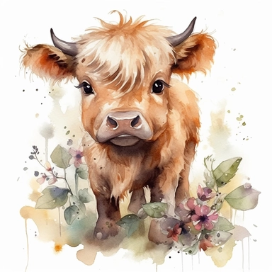 a moving highland calf with cute big eyes, happy smiling face, cute animal, adorable, playful atitude, adorable watercolor animal clipart with a few plant and flowers decor, no background, high quality very sharp with clear focus