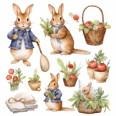 Easter clipart set, whimsical and cute hand drawn illustration, Beatrix Potter isolated image white background