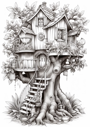 Coloring page for children, outlines only, no colors, black outlines, simple whimsical fantasy fairy tree house in a magical world setting, flowers, realistic stairs, cottagecore, clear picture, clear lines, entire illustration with white space around, clipart