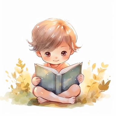 cute little boy reading a book, folk art, watercolor, clipart elements, kawaii, white background