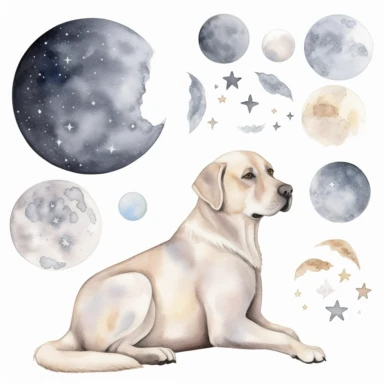 celestial watercolour Labrador clipart, on white background, stars, nebula, moon, galaxy, soft colours
