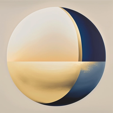 A simplistic clipart piece showcases an expansive, ivory sphere juxtaposed against a captivating chromatic panorama that evolves from a radiant, golden hue at the zenith to an inky, twilight navy at the base. The alabaster orb, nestled in the upper left vertex of the canvas, embodies the fervent sun and its sweltering warmth in Miami, as the enchanting gradient backdrop conveys the metamorphosis from daylight to dusk. White background.