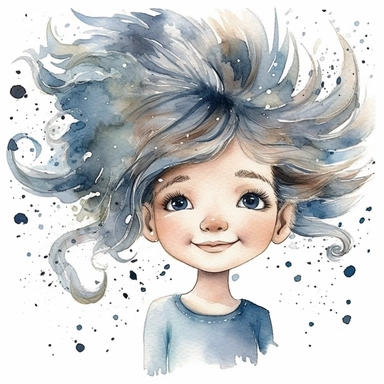 watercolour clipart of a girl, with crazy brawn hair, blue-gray eyes, the sweet and scatterbrained dreamer, with a great sense of humor. She immerses herself in the world of digital design, creating exquisite papers for scrapbook albums. Though she may often forget things, her delicate touch and gentle nature shine through her artistry, make her smiling, exalted mood, white background, 8k, f1