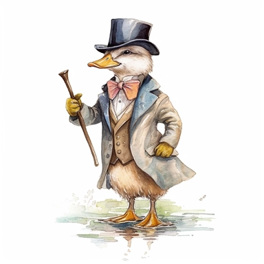 classic Beatrix potter Watercolor svg clipart of a cute adorable jemima puddle duck illustration by Beatrix potter , pastel groom wedding suit , cottage core, png isolated on white background