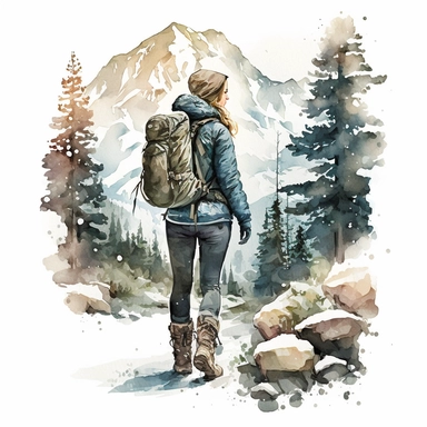 water color girl hiking in Austria between high mountains in winter, there is snow, she is wearing boots and backpack, realistic look, with trees at yellowstone park, clipart, hd, white background