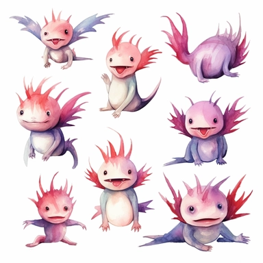 Watercolor Axolotl, Various expressions and emotions, clipart, isolated on white background