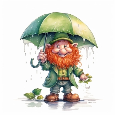 Cute Adorable magical little leprechaun with a cylinder hat and a red beard holds laterally a umbrella in his hand wears a raincape and stand in the rain on a country road, clipart, photorealistic illustration, watercolor, high detail, 8k polished, 8k, vibrant colors, white background
