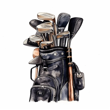 Idyllic watercolor clipart of a black golf bag and clubs, isolated on a pure white background, insane detail,