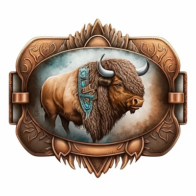 clipart, solid watercolor, realistic, detailed, isolated white background western belt buckle with bison head clipart
