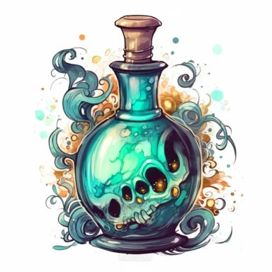 magical potion bottle, magical and mystical, video game style, clean and crisp, clipart, illustration, alchemical, smoke and embelishments, wizards potions, isolated on white background