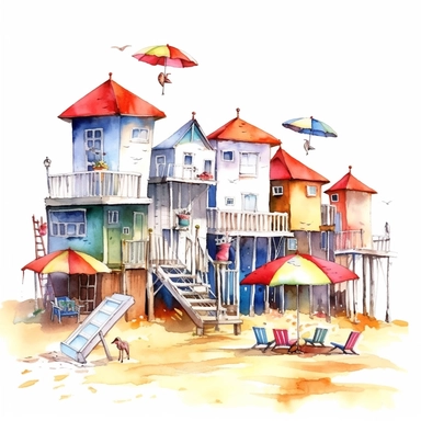 watercolour and ink quirky beach houses on the sand , with a sun umbrella, seagull , whimsical, clip art, white background, vivid colors