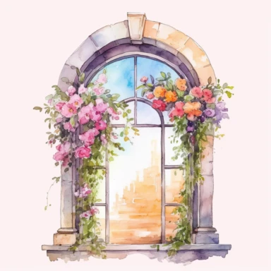 a watercolor realistic arch window opened and you can see colorful flowers outside clipart