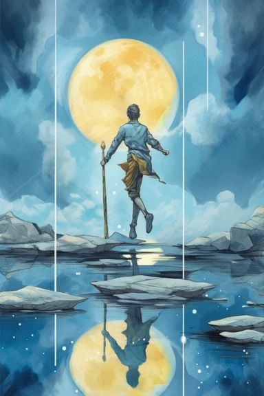 high level watercolor The Fool tarot card with a prince taking a leap of faith and going towards the unknown, moody, ethreal, hyper realistic, light blue and gold background with margins for print, 8k, ultra detailed clipart, large, futuristic open scenery, the moon, a waterbody, dreamy , mystical, high quality, tones of blue
