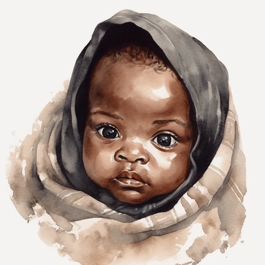 Watercolor cute new born black baby on a cute blanket, clipart, singel clipart, High resolution, beige color blanket, 8k