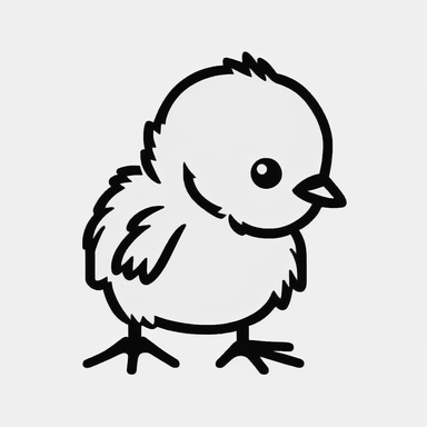 Simple outline of a baby hen, kids cartoon, minimalist, black on white, lineart, 2d flat file, silhouette, clipart, uninterrupted outline as in an svg, perfect outline corners, make it an outline svg and fill color white, exact outline, the line should not be thickened, the line should not be thicker or thinner, the outline of the line should be thin, maximum 1 millimetre