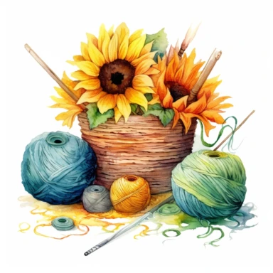 summer, knitting, sunflowers and balls of yarn, watercolor, high quality, clipart, white background