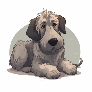 A cutecore clip art Irish Wolfhound with a big head and big round eyes body is curled up, body is a spherical shape, full body