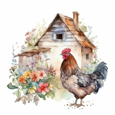 Small Farm house for Chicken Sitting over leaves and Flowers Surrounded,Isolated,Watercolor Clipart,White Background