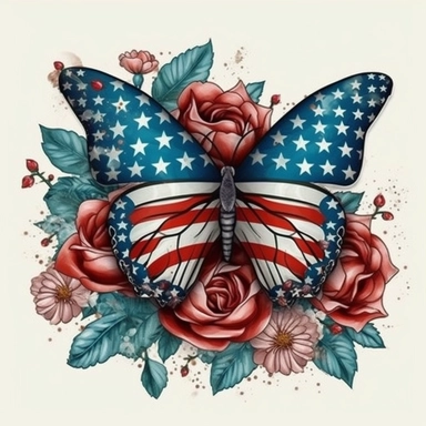 American flag with Butterfly and roses Sublimation Clipart, Cartoon funny, Cute anime, Very detailed, firework background