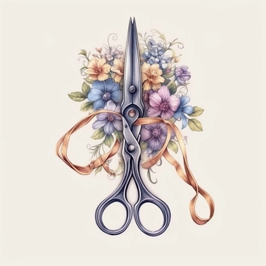 victorian sewing scissors with floral decorative ornaments in the handles clipart, pastel colored flowers around, in the style of victorian-inspired hyperrealistic watercolor illustrations, sketch, highly detailed illustration, historical illustration, romantic illustrations, emotive colors, victorian vintage color palette, cute and dreamy, realistic watercolors, 300 DPI, white background