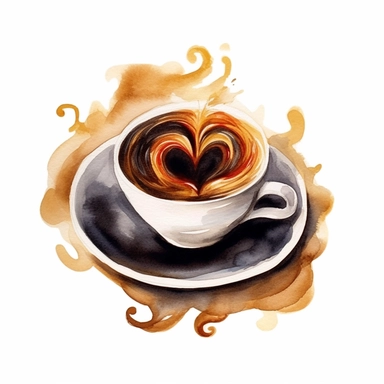 A steaming cup of black coffee with a heart-shaped swirl on top. (Watercolor clipart, white background, no text.)