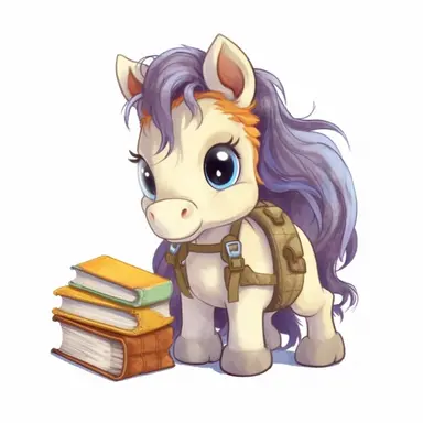 super-cute baby Horse with backpack and student book, knitted style, Perfect for nursery art and children's book illustration style, simple, cute, full color, clipart, watercolor illustration, single object, high definition 8k, white background for removing background