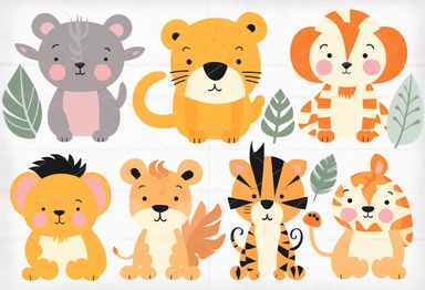 cute jungle animals clipart set for silhouette and for cricut, in the style of graph paper, white and orange, 8k, colorful caricature, #screenshotsaturday, hatching, óscar domínguez
