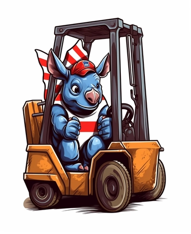 Showcasing a cartoon rhinoceros as a forklift operator, with the design featuring patriotic motifs and symbols inspired by the American flag. The overall design can appear polished and poignant, with the rhinoceros proudly operating the forklift, that can be used as a sticker, colorful, highly detailed, with a white background, in the style of Pixar clipart, and no cut off edges.