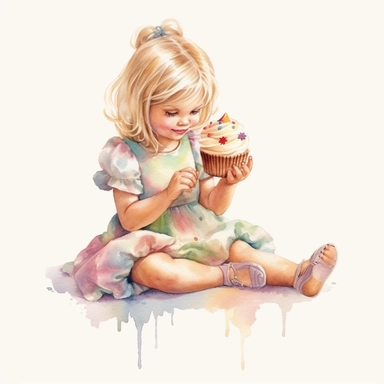 vintage adorable little girl eating eating rainbow cupcakes, full body, pastel beige colors, clipart style, accurate details, watercolor technique, super high quality, professional watercolor clipart, high resolution