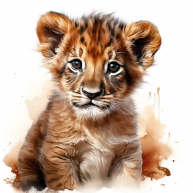 hyperrealistic ultra detailed watercolor clipart, cute baby lion, isolated on white background, in the style of digital print, clipart, illustration, sticker, ultra high definition, rich details, 32K, HD