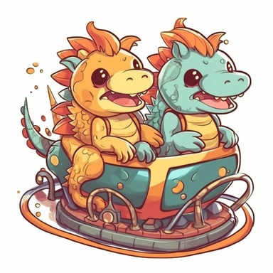 Two cute little baby dragons beside each other on a roller-coaster. anime style clipart.