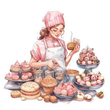Watercolor, hand - drawn illustration style, no background, white margins, 8k, ultra detailed clipart, a pastry chef with light pink accents, expertly creating beautiful and tasty baked goods, disney style