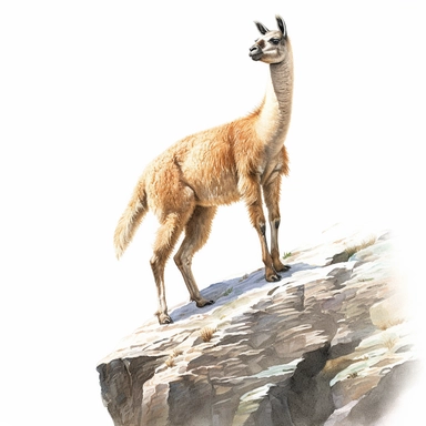 south american Guanaco climbing a rock, clipart, white background, realistic painting