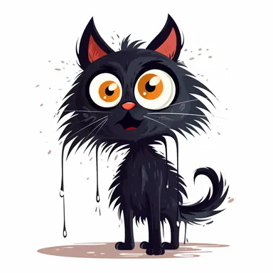 shaggy cartoon style wet black cat with a wide eyed, desperate look, begging to be let insisedsilhouette vector flat simple identification symbol white backround white background minimalistic clipart png svg
