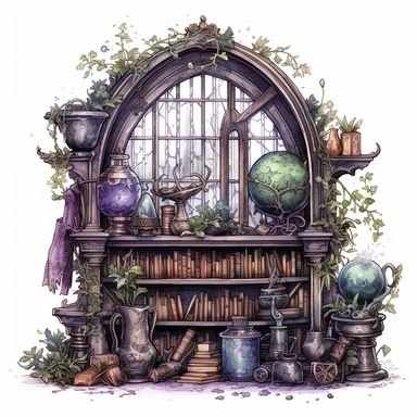 magical style wizard's magic attic corner with watercolor effect,suitable for digital clipart,full of old magic tools,cabinet full of magical plants,magic glass globe,a gothic style window with night landscape,white background,magical scene,fairy dark colours,green ,blue,purple,gothic details