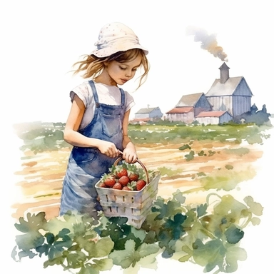 watercolor, hyper realistic, white background, white margins, 16k, ultra detailed clipart, cut out image, hand-drawn, whimsical a girl picking fresh strawberries on a farm, with a blue sky and green fields in the background. ultra HD, clean and sharp art