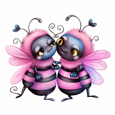 one pink and one blue with black highlights cute and cuddly bumble bees who are in love beautiful gothic fantasy clipart, fantastical 3d, watercolor, white background
