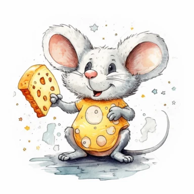 cartoon mouse playing with chees moon, funny clipart, watercolor technique, black contour lines, white background, octane render, K8