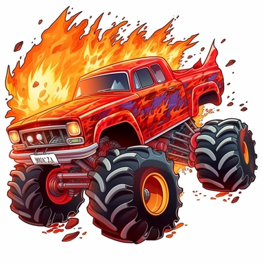 red cartoon monster truck crushing an old car clipart isolated on a white background flames coming out of the back