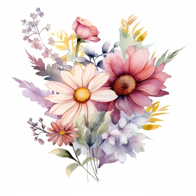 watercolor summer flower group for corner of invitation, clipart isolated on clear white background, soft colors, boho, lithograph, 32k uhd, textural