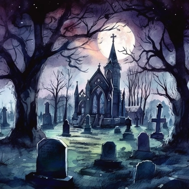 Scary haunted graveyard by tim burton, watercolor, clipart, white background, grotesque, sketchfab, under the moonlight, eerie color scheme, dark scary colors, closeup