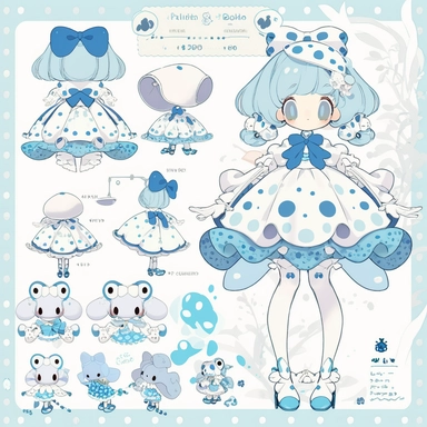 character sheet,knoling,clipart,property catalog, cute little character, delicate illustration, marionette, angel, beautiful girl, white gloves, polka dot white dress and lace, frill, dot ribbon, beautiful light, white light, cobalt poison dart frog, octopus