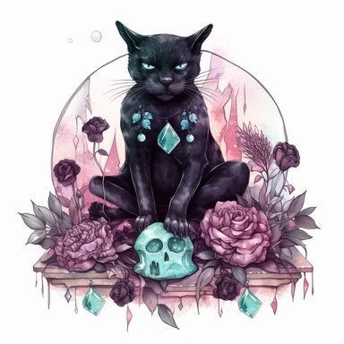 hand drawn black cat, sitting with front paw resting on a skull, flowers and crystals, shades of burgundy purple and teal, romantic and edgy, very detailed and realistic, watercolor, clipart style
