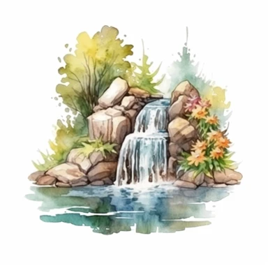 Clipart, isolated on white background, beautiful cute Watercolor Spring waterfalls through the stones, forest woodland nature landscape scenery, plants and flowers, ornated, pastel colors